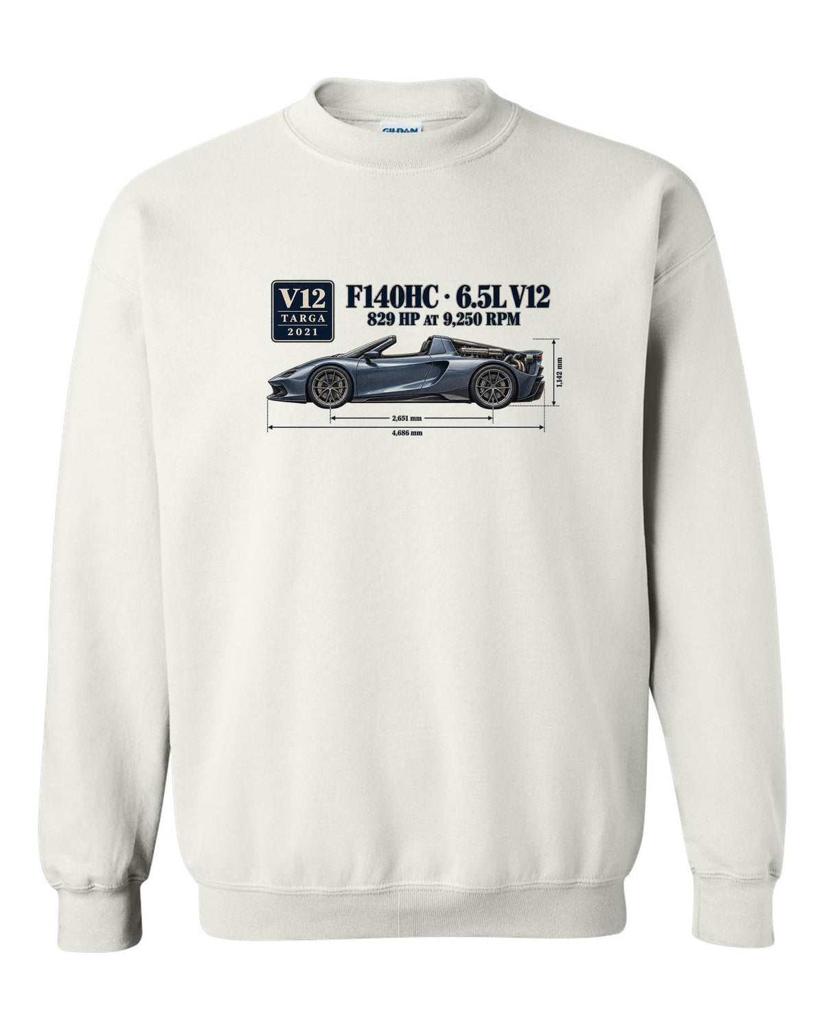 Ferrari Daytona SP3 dimension blueprint print with F140HC 6.5L V12 white crewneck front view with the design