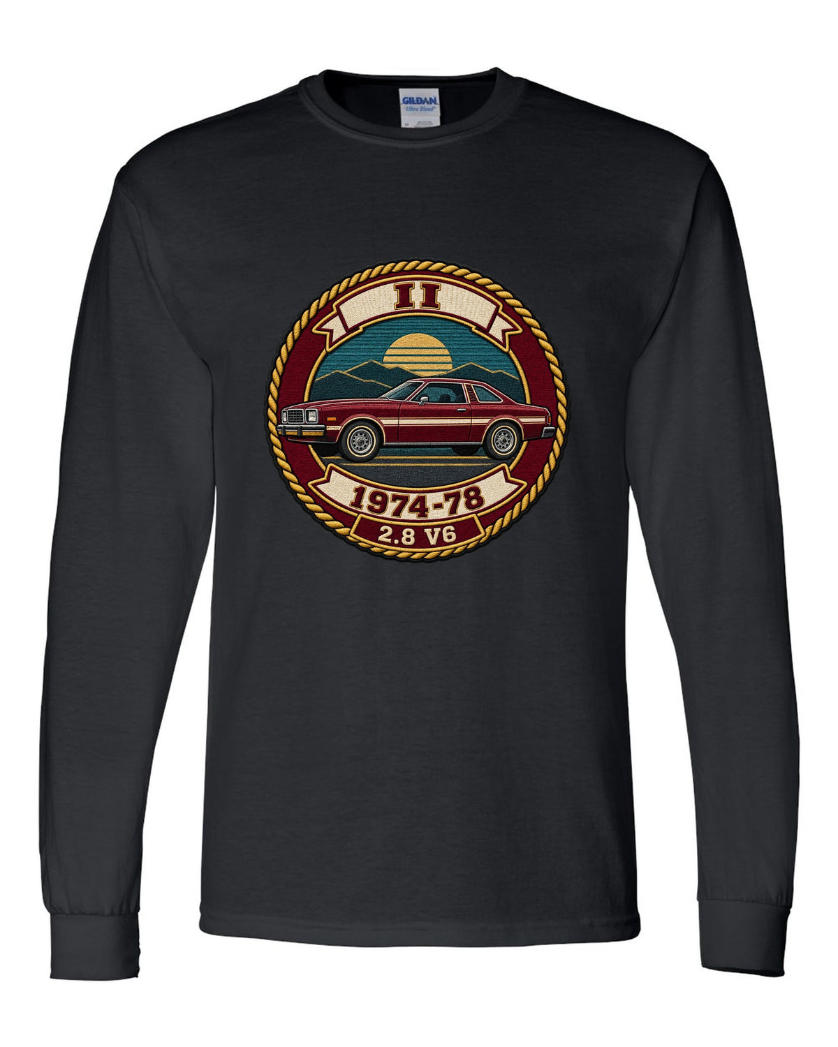Embroidery-style varsity crest print for a 1974-78 Ford Mustang II notchback black long sleeve front view with the design