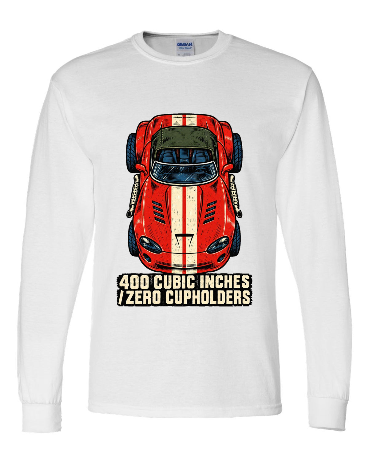 Four-ink linocut print of a 1993 Dodge Viper RT/10 with zero cupholders text white long sleeve front view with the design