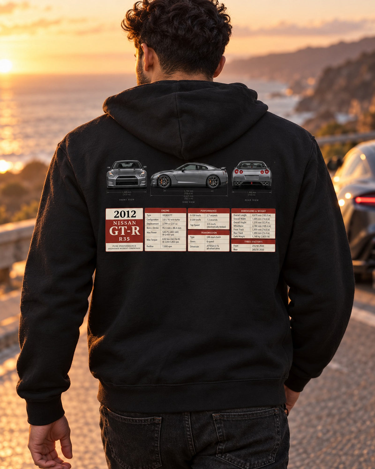 Nissan GT-R R35 MY2012 Three-View Shirt, 530 HP Spec Tee Zip Hoodie Black worn hero
