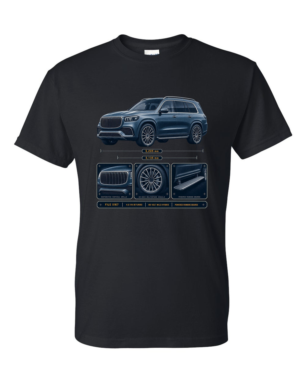 print dossier panels of a Mercedes-Maybach GLS 600 X167 in blue-grey black t-shirt front view with the design