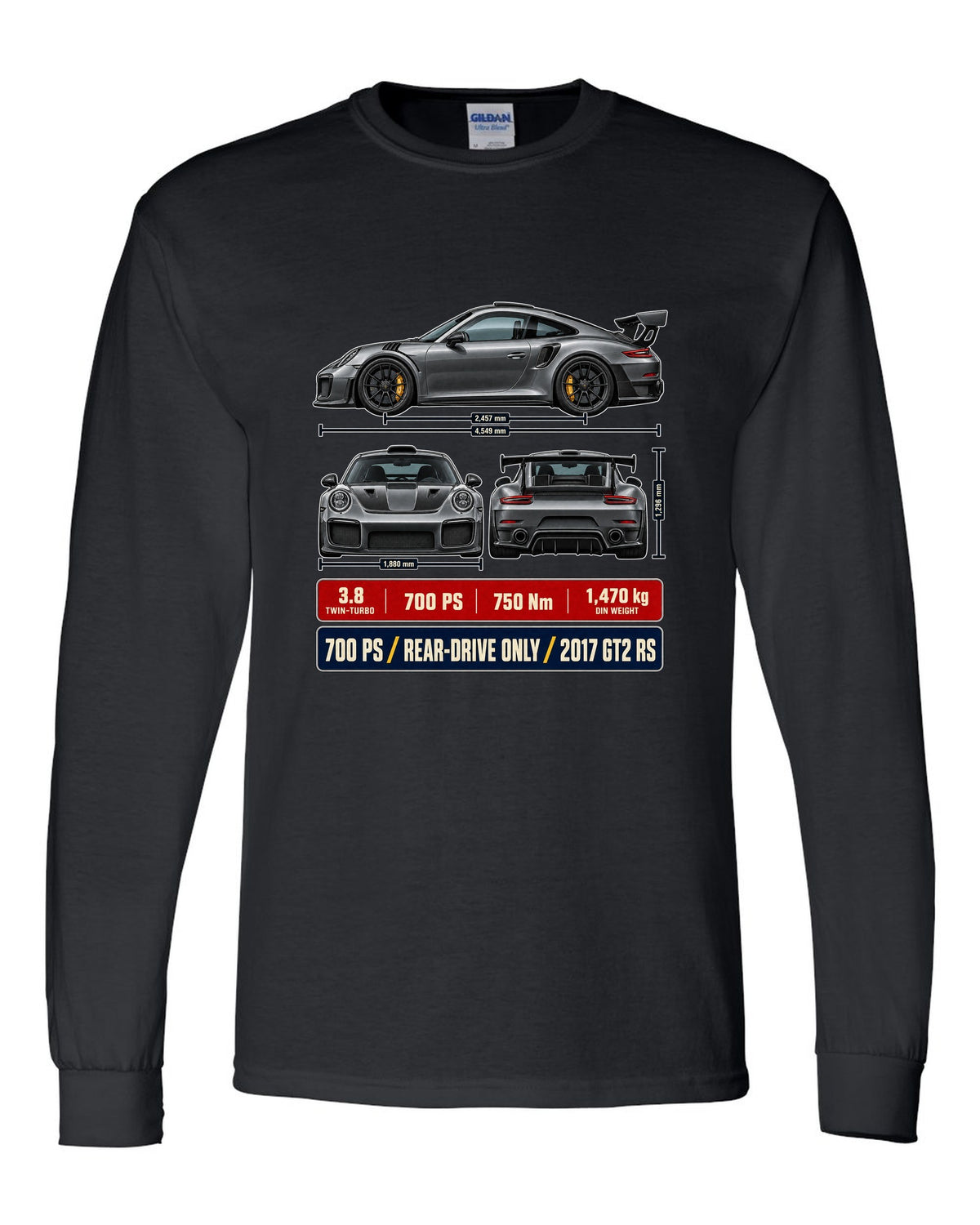 Porsche 911 GT2 RS 991.2 three-view dossier print design black long sleeve front view with the design
