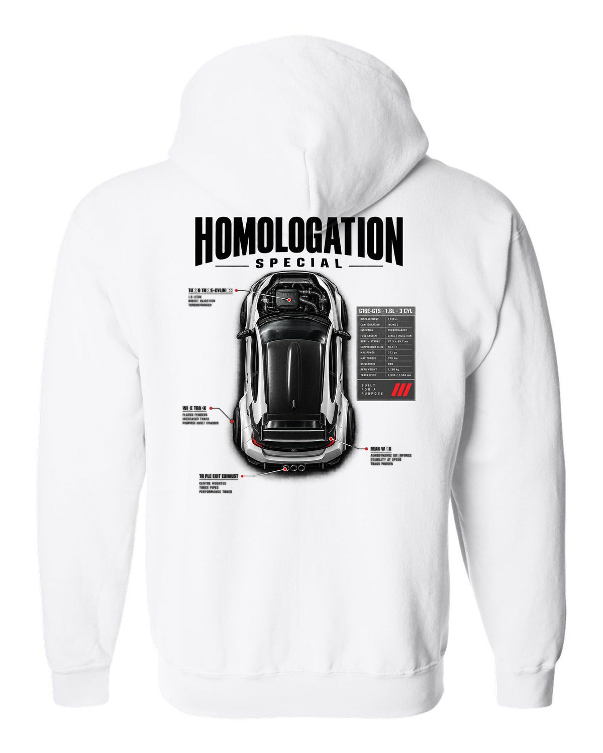 Spec poster style print of a Toyota GR Yaris with G16E-GTS 1.6L 3 cylinder text white zip hoodie back view with the design