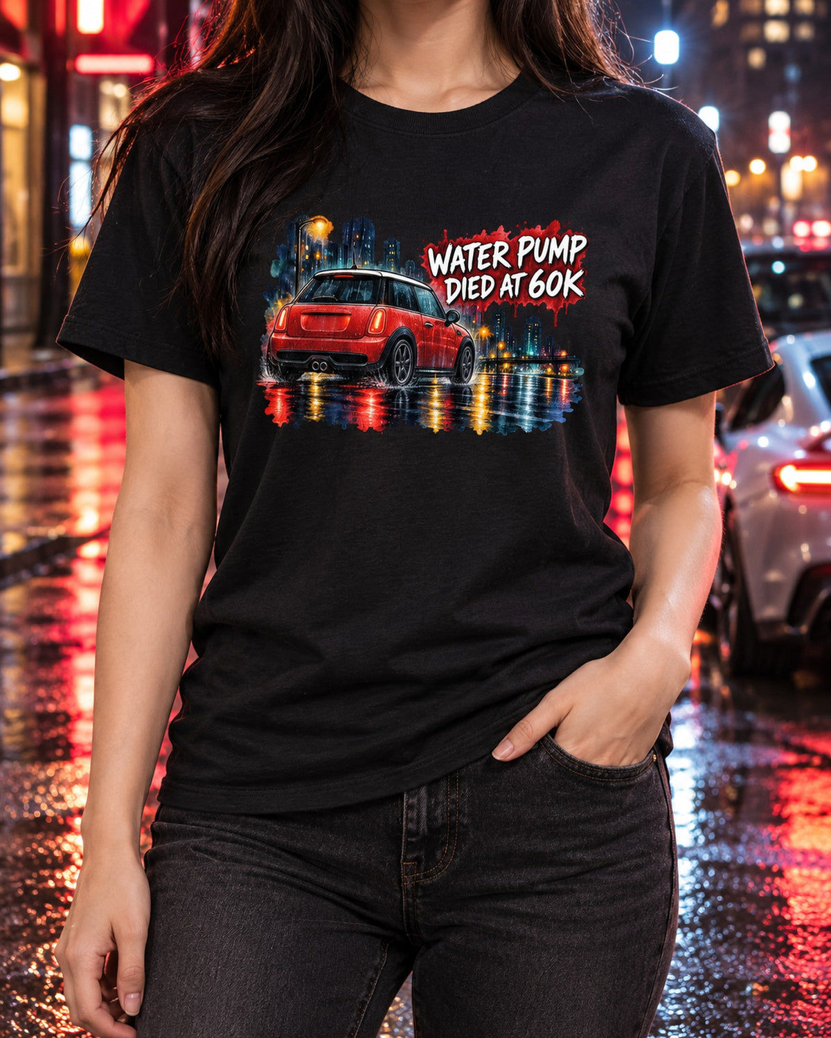 Mini Cooper S R56 Watercolour Wet Road Night Print Shirt T-Shirt Black worn hero