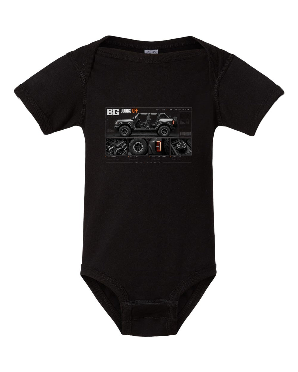Ford Bronco 6G four-door dossier panel print with doors off, roof off text black baby onesie front view with the design