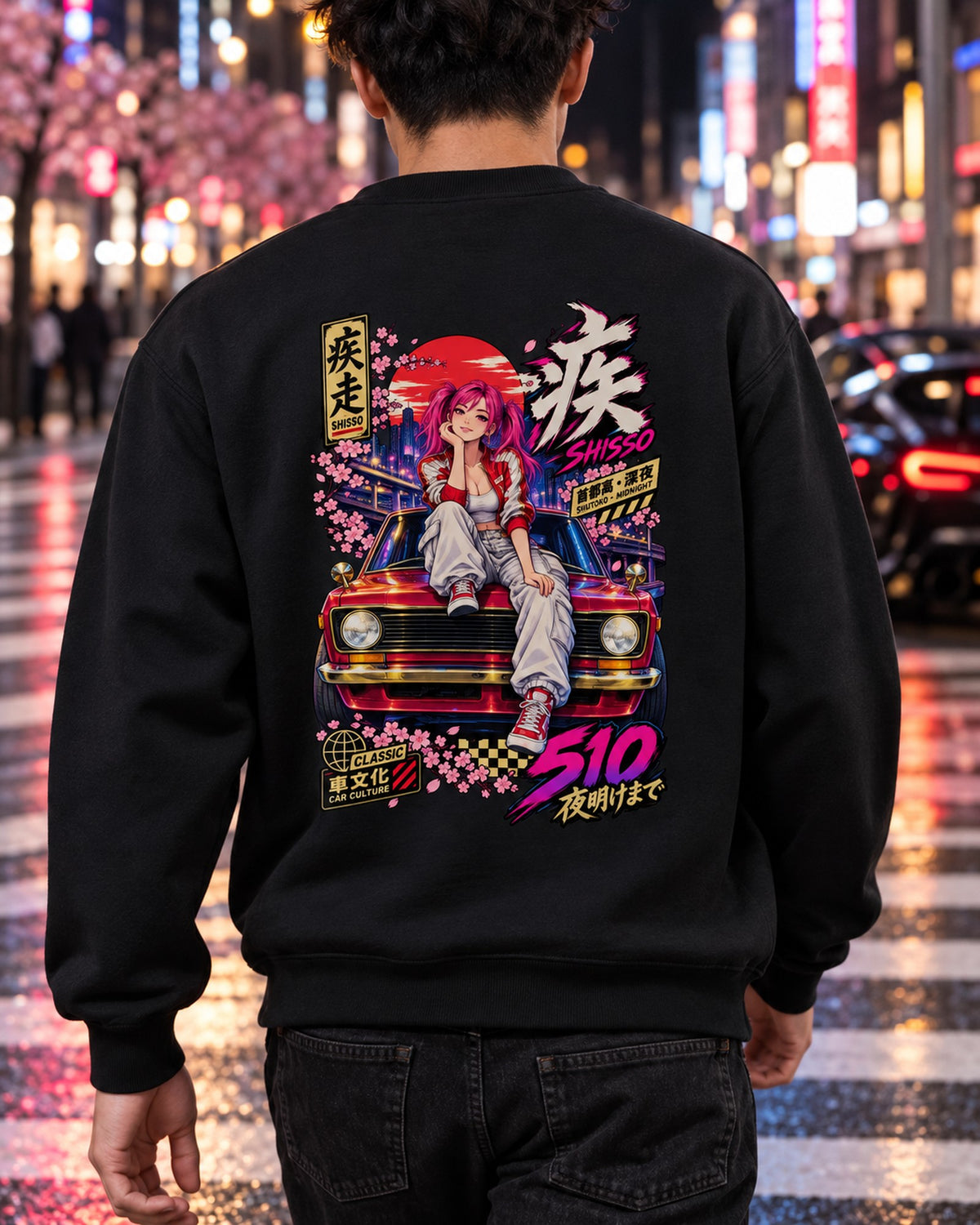 SHISSO 510 Anime Girl Full-Back Graphic Tee Crewneck Black worn hero