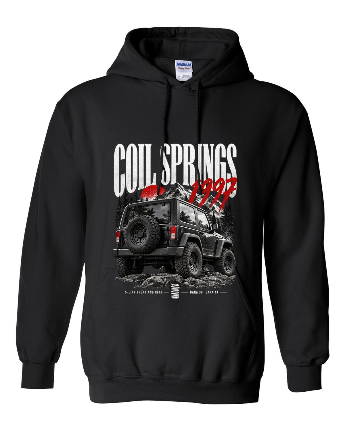 Editorial print for the Jeep Wrangler TJ, coil springs 5-link Dana 30 and Dana 44 black pull over hoodie front view with the design