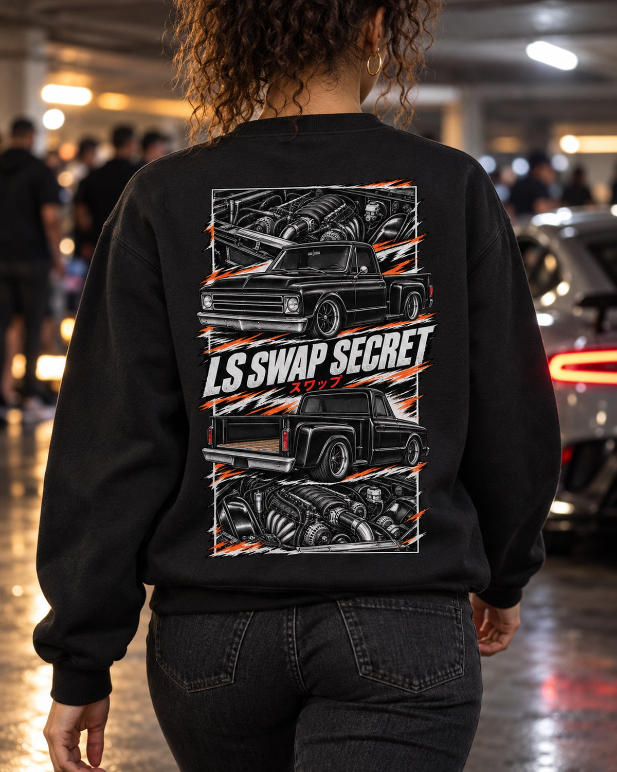 Chevy C10 LS Swap Torn Poster Full-Back Graphic Tee Crewneck Black worn hero