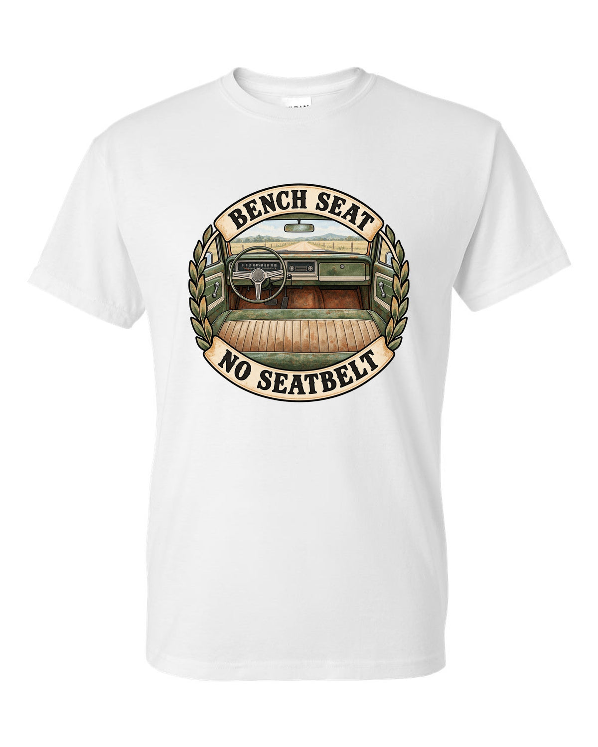 Watercolor print of the dash and bench seat in a 1967-72 Chevrolet C10 Action Line Fleetside Cheyenne white t-shirt front view with the design