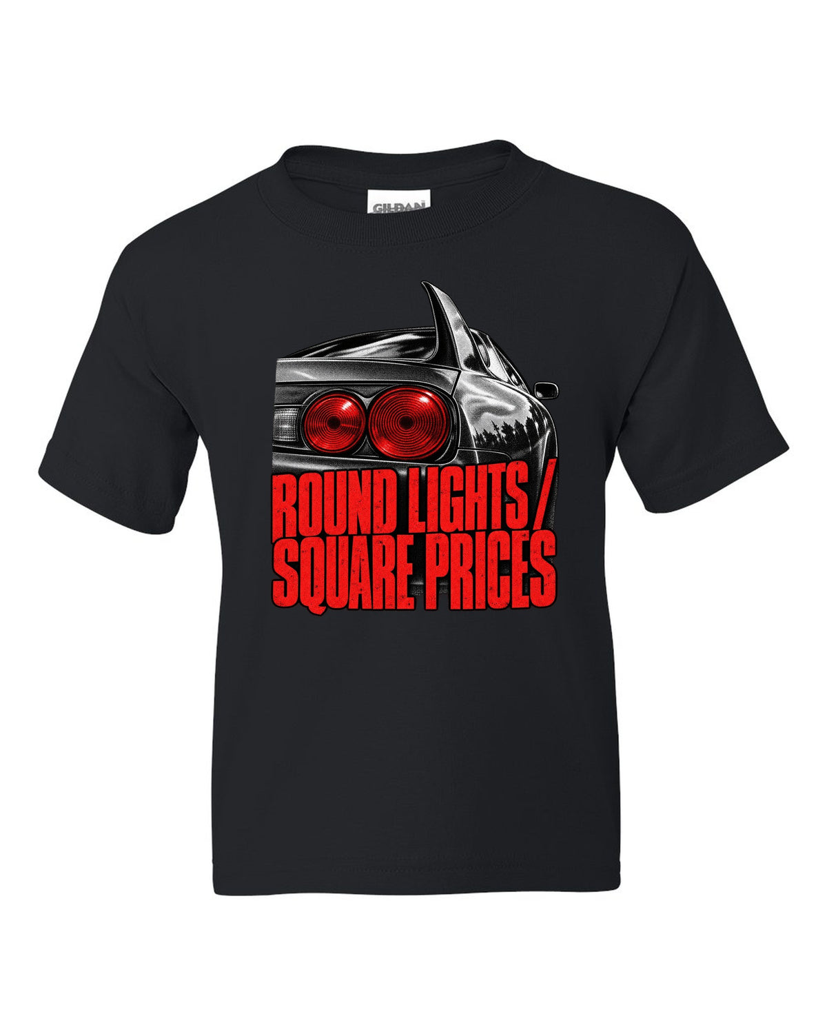 print of a Toyota Supra A80 JZA80 round taillight close-up with the text Round Lights Square Prices black kids tee front view with the design
