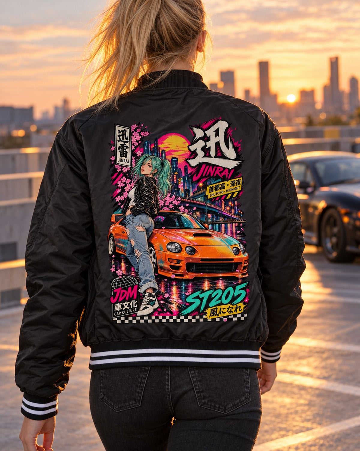 JINRAI ST205 Anime Girl Full-Back Graphic Tee Bomber Jacket Black worn hero