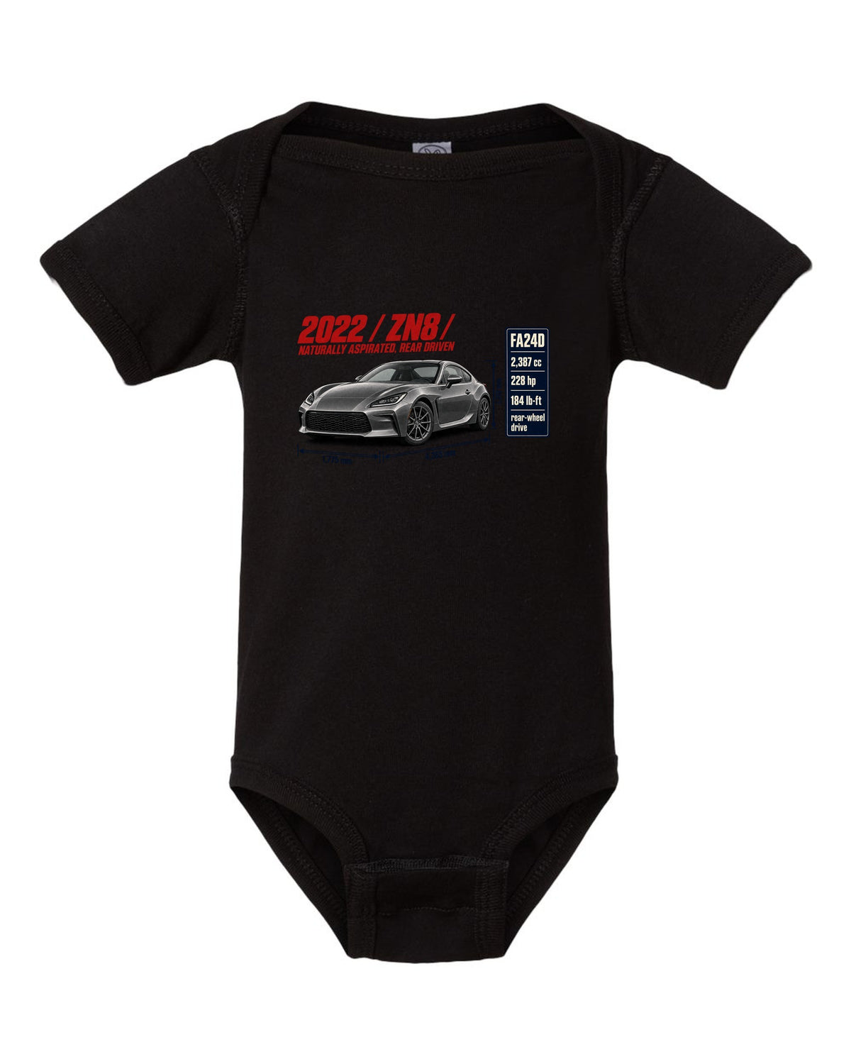 Spec poster layout for a 2022 Toyota GR86 ZN8, poster-style print black baby onesie front view with the design