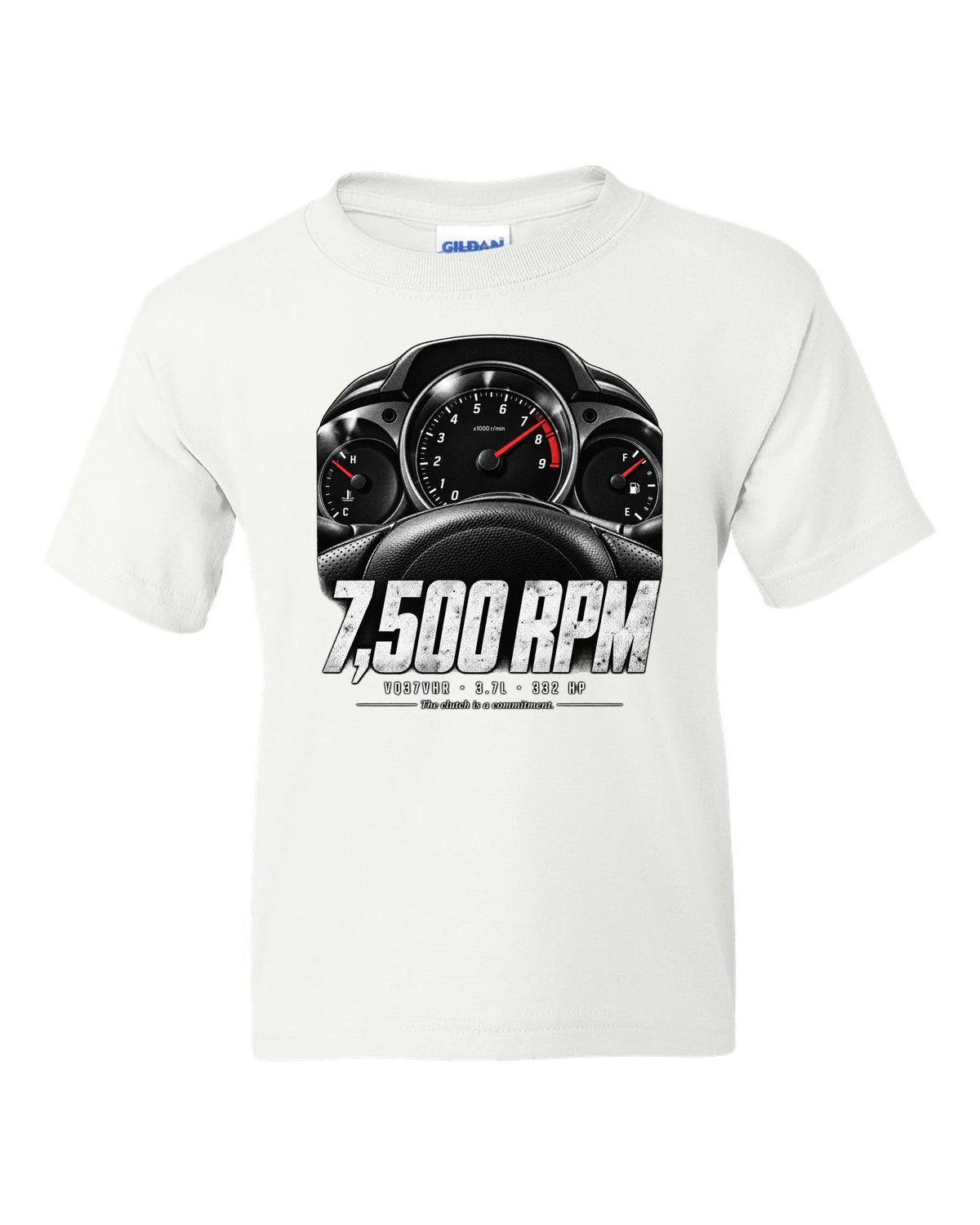 print of a Nissan 370Z Z34 gauge cluster at 7,500 RPM with VQ37VHR text white kids tee front view with the design