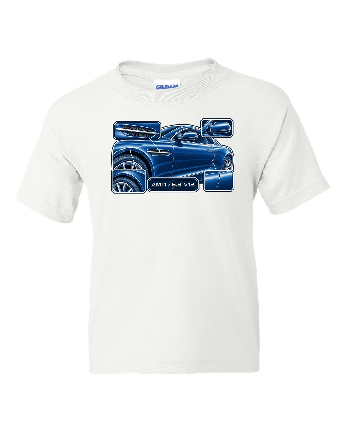 Aston Martin DB9 cyanotype blueprint with AM11 5.9 V12 lettering white kids tee front view with the design