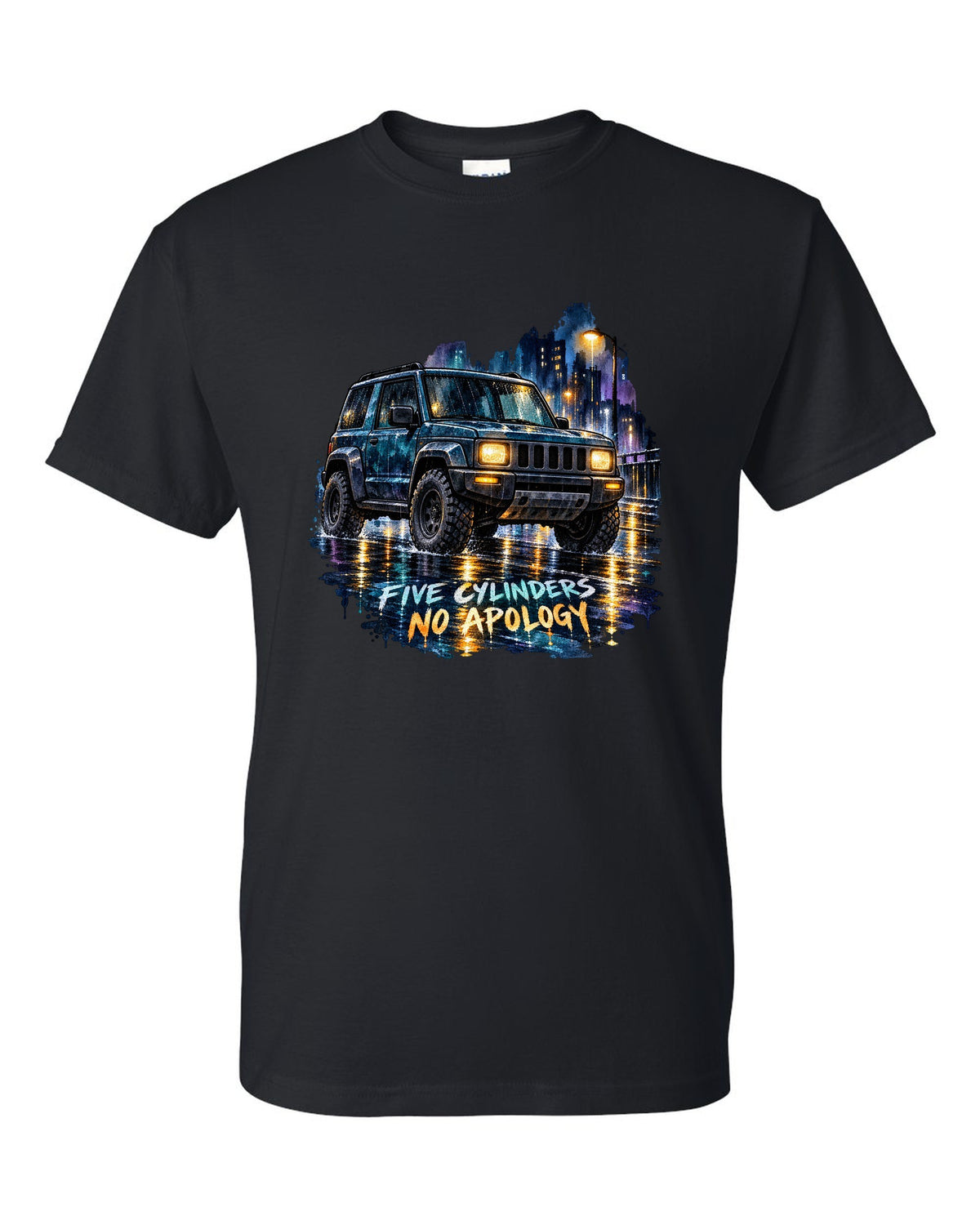 Watercolour wash wet street scene with a 2006-2010 Hummer H3 and FIVE CYLINDERS / NO APOLOGY text black t-shirt front view with the design