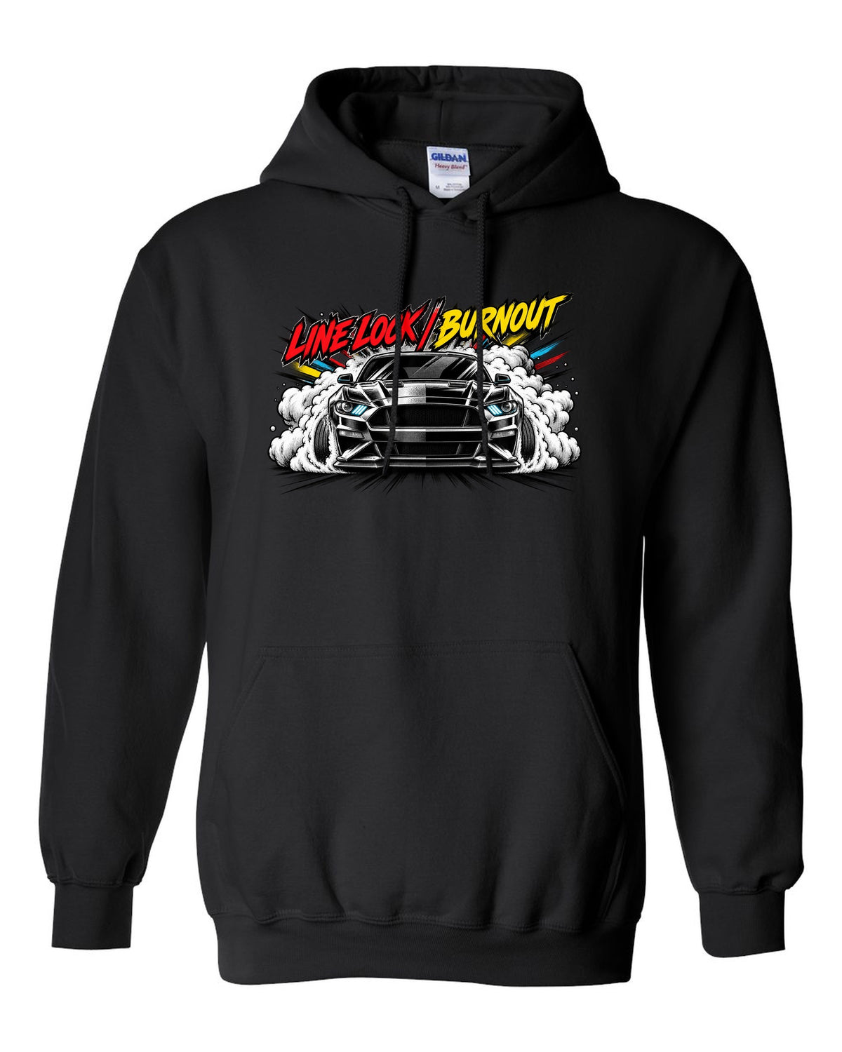 Varsity embroidery-style crest of an S550 Mustang fastback reading Yes, It's A Four black pull over hoodie front view with the design