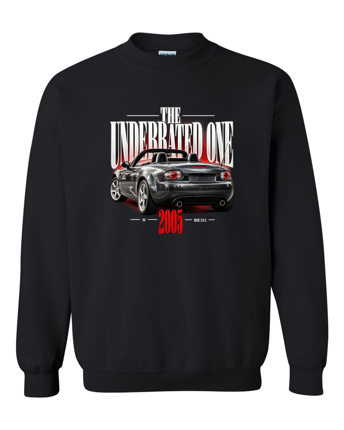 Editorial headline print of a Mazda MX-5 NC with underrated generation lettering black crewneck front view with the design