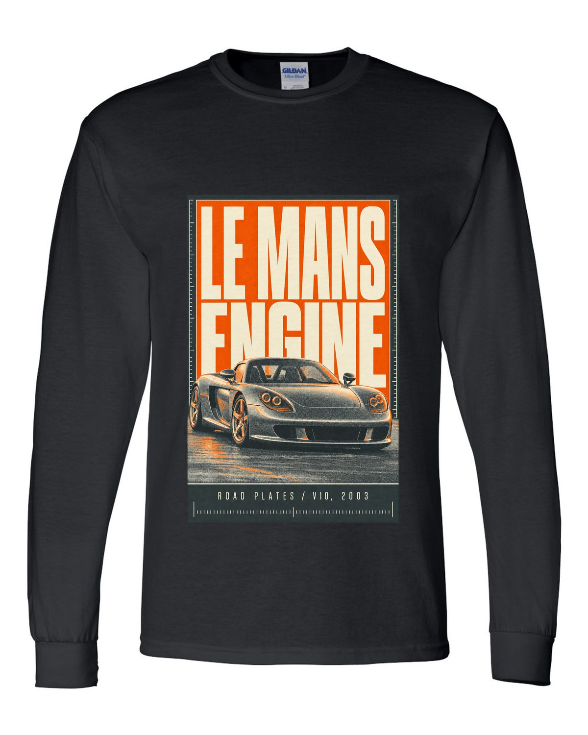 Porsche Carrera GT halftone statement print design black long sleeve front view with the design