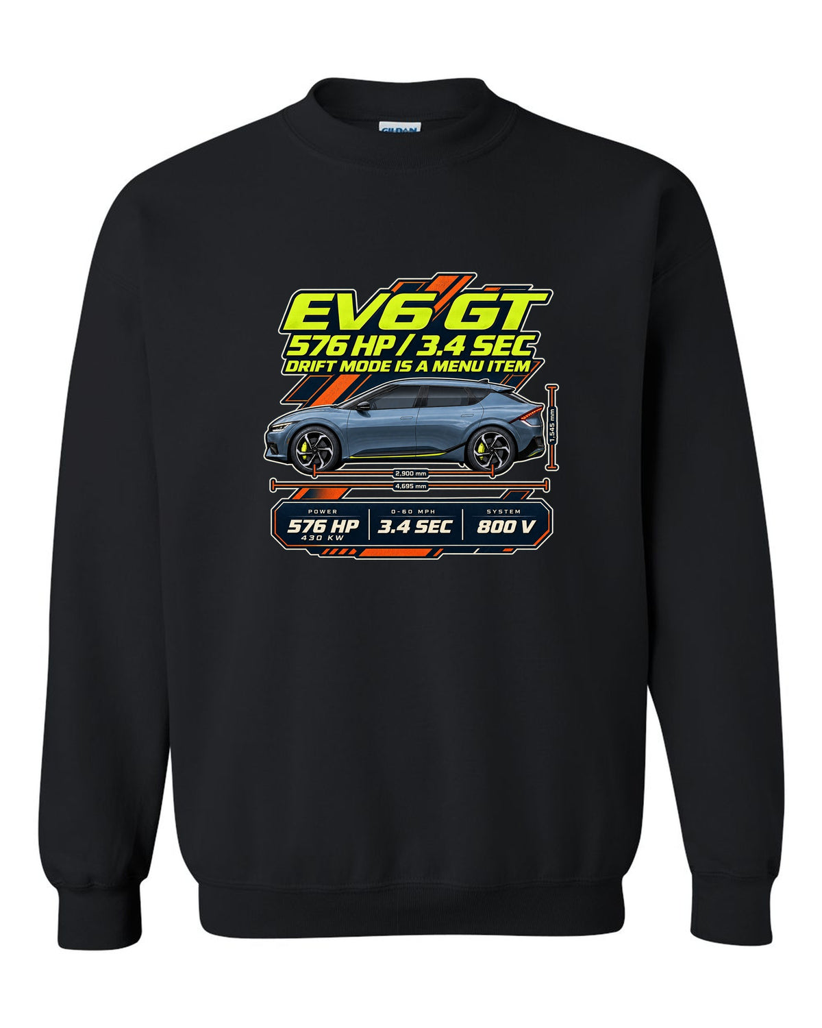 Kia EV6 GT spec poster print on a shirt black crewneck front view with the design