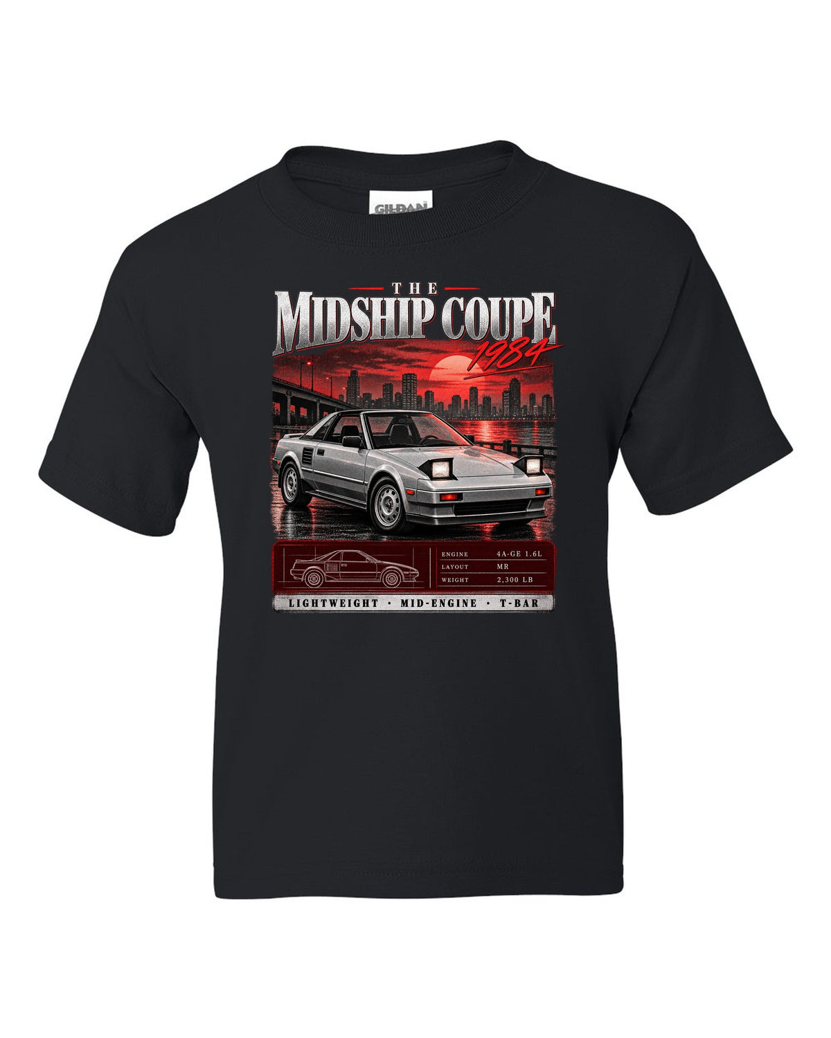 Archive panel print of a Toyota MR2 AW11 with the text The Midship Coupe 1984 black kids tee front view with the design