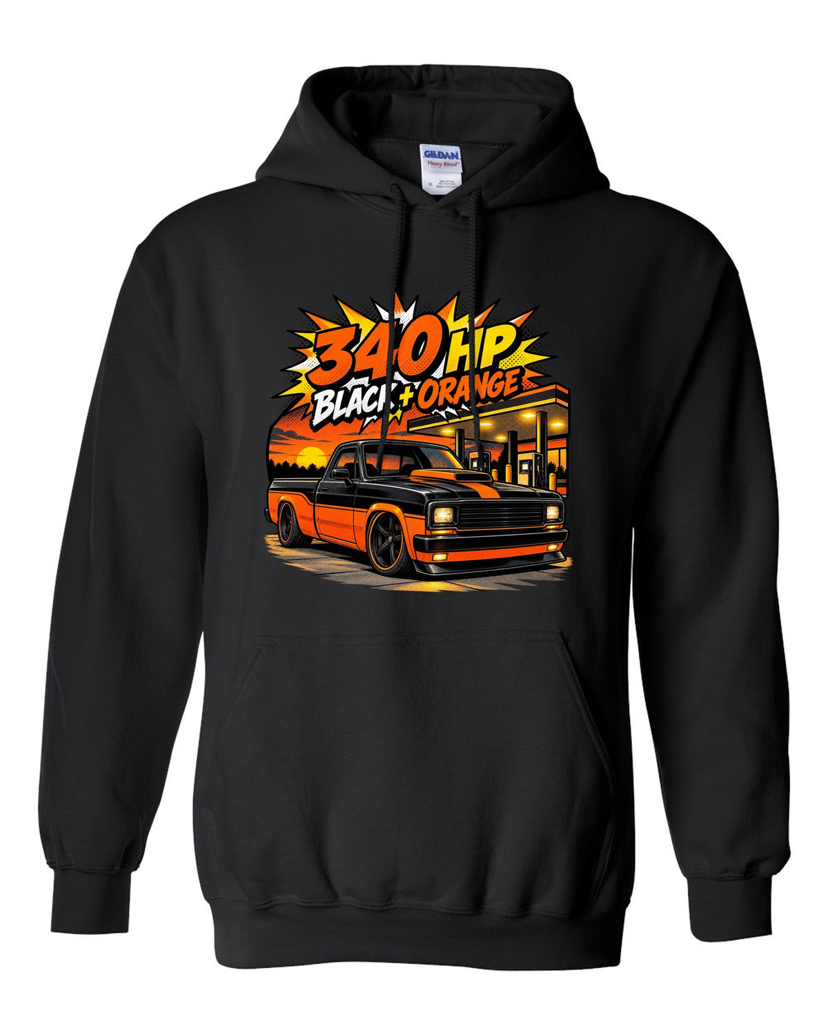 Ford F-150 SVT Lightning Harley edition in a comic halftone pop-art print black pull over hoodie front view with the design