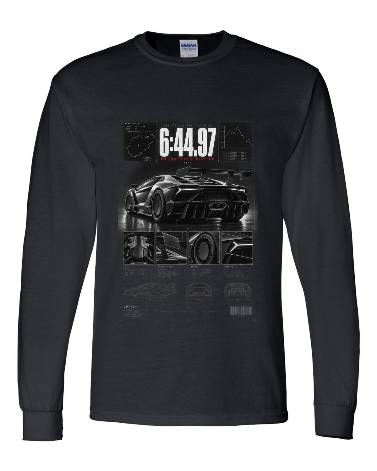 Dossier panel print of a Lamborghini Aventador SVJ LP770-4 with 6:44.97 production record text black long sleeve front view with the design