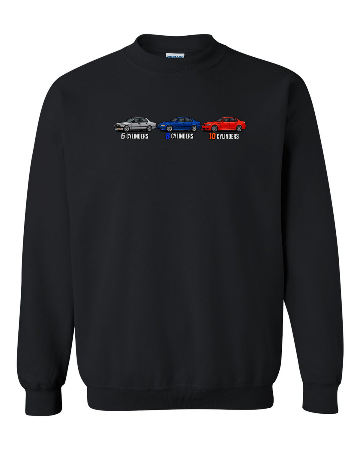 Generation lineup print of the BMW M5 E28, E39 and E60 with 6, 8 and 10 cylinders text black crewneck front view with the design