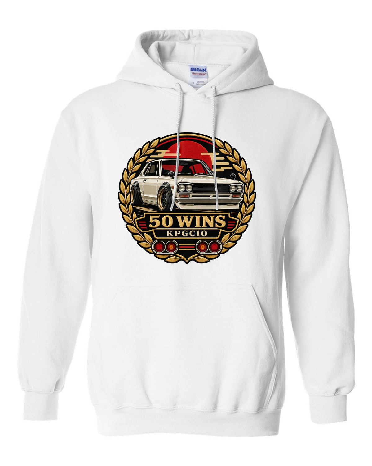 Round crest print for the Skyline Hakosuka KPGC10 with 50 Wins lettering white pull over hoodie front view with the design