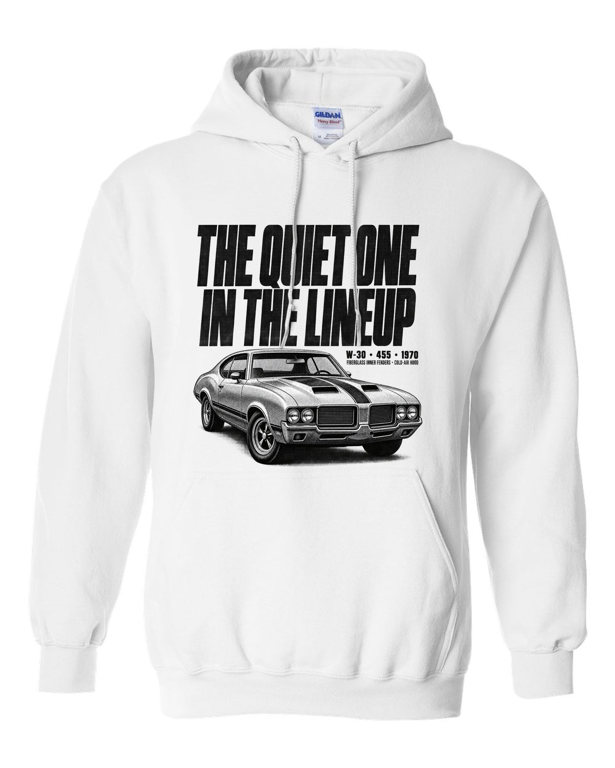 1970 Oldsmobile 442 W-30 halftone print with 455 and cold-air hood text white pull over hoodie front view with the design