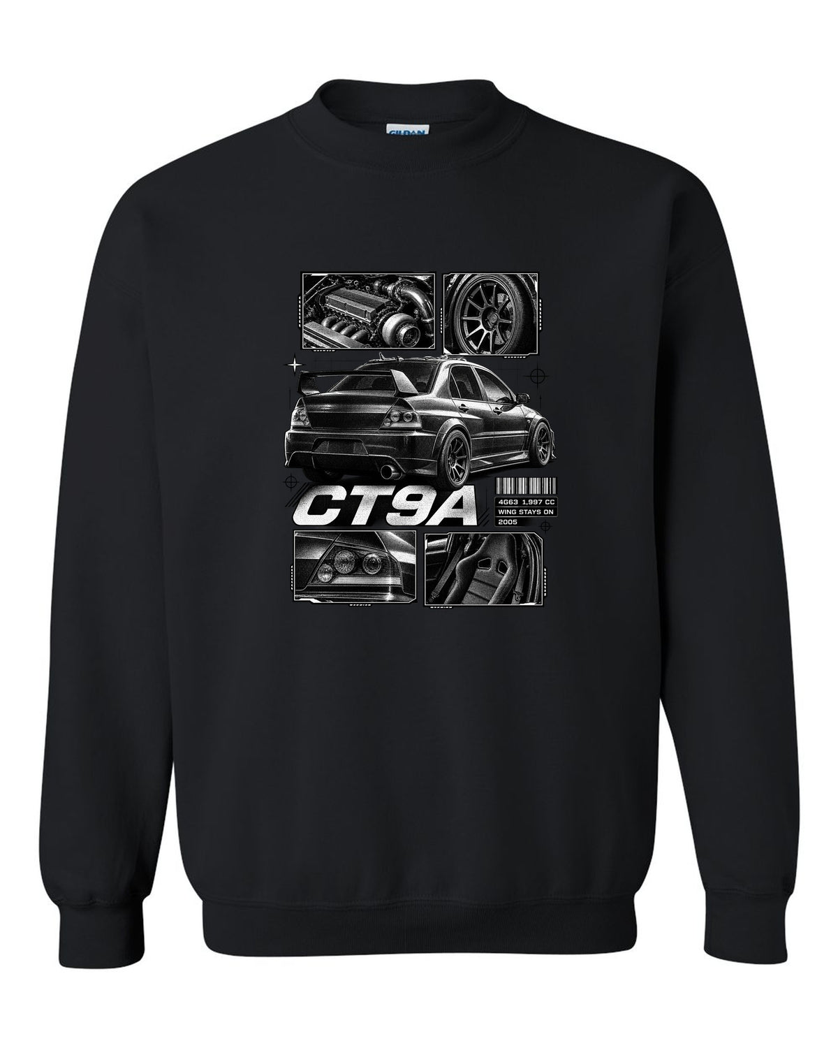 Dossier panel print of a Mitsubishi Lancer Evolution VIII IX CT9A black crewneck front view with the design