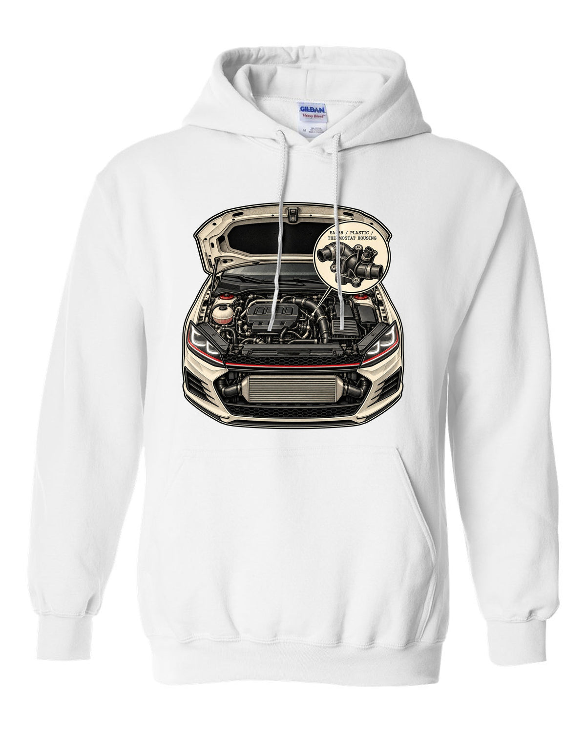 Patent line art of a VW Golf Mk7 GTI engine bay labelled EA888 plastic thermostat housing white pull over hoodie front view with the design