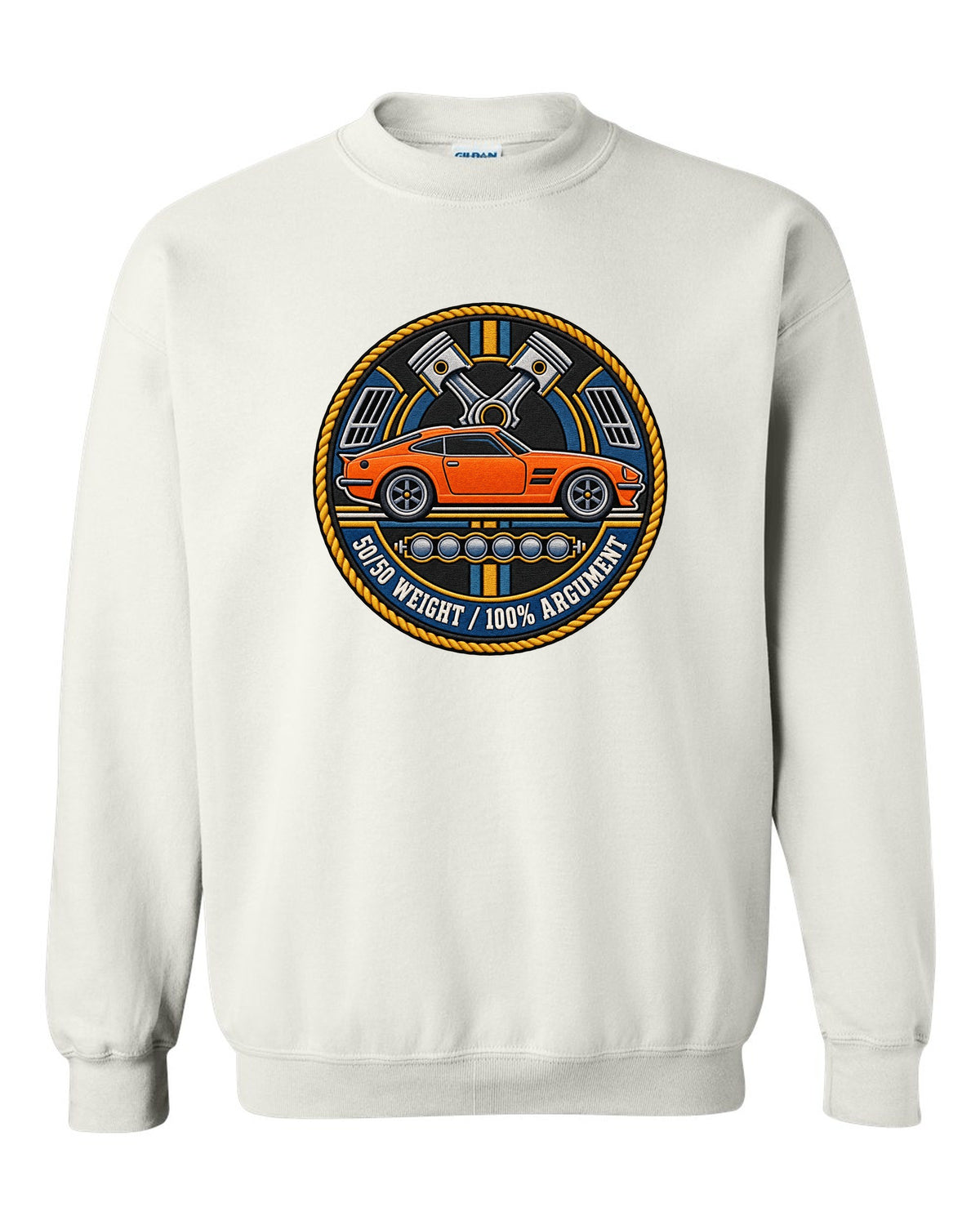 Varsity crest design for the Toyota GR Supra A90 with double-bubble roof white crewneck front view with the design