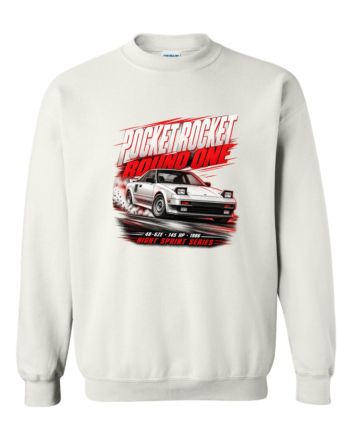 Race poster print of a supercharged Toyota MR2 AW11 with the text Pocket Rocket Round One 4A-GZE white crewneck front view with the design