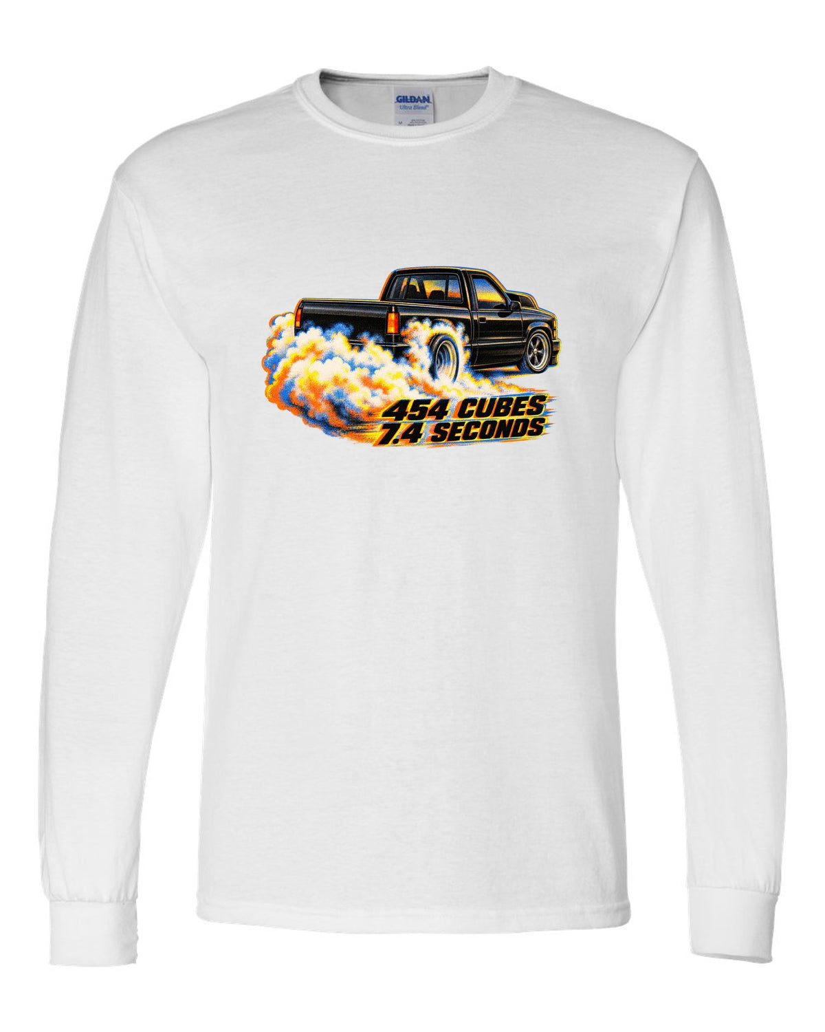 Risograph burnout smoke print of a 1990-93 Chevrolet 454 SS pickup with 454 cubes text white long sleeve front view with the design