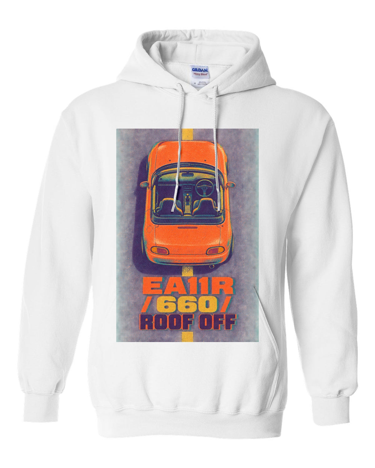 Risograph-style Suzuki Cappuccino EA11R with the text 660 and roof off white pull over hoodie front view with the design