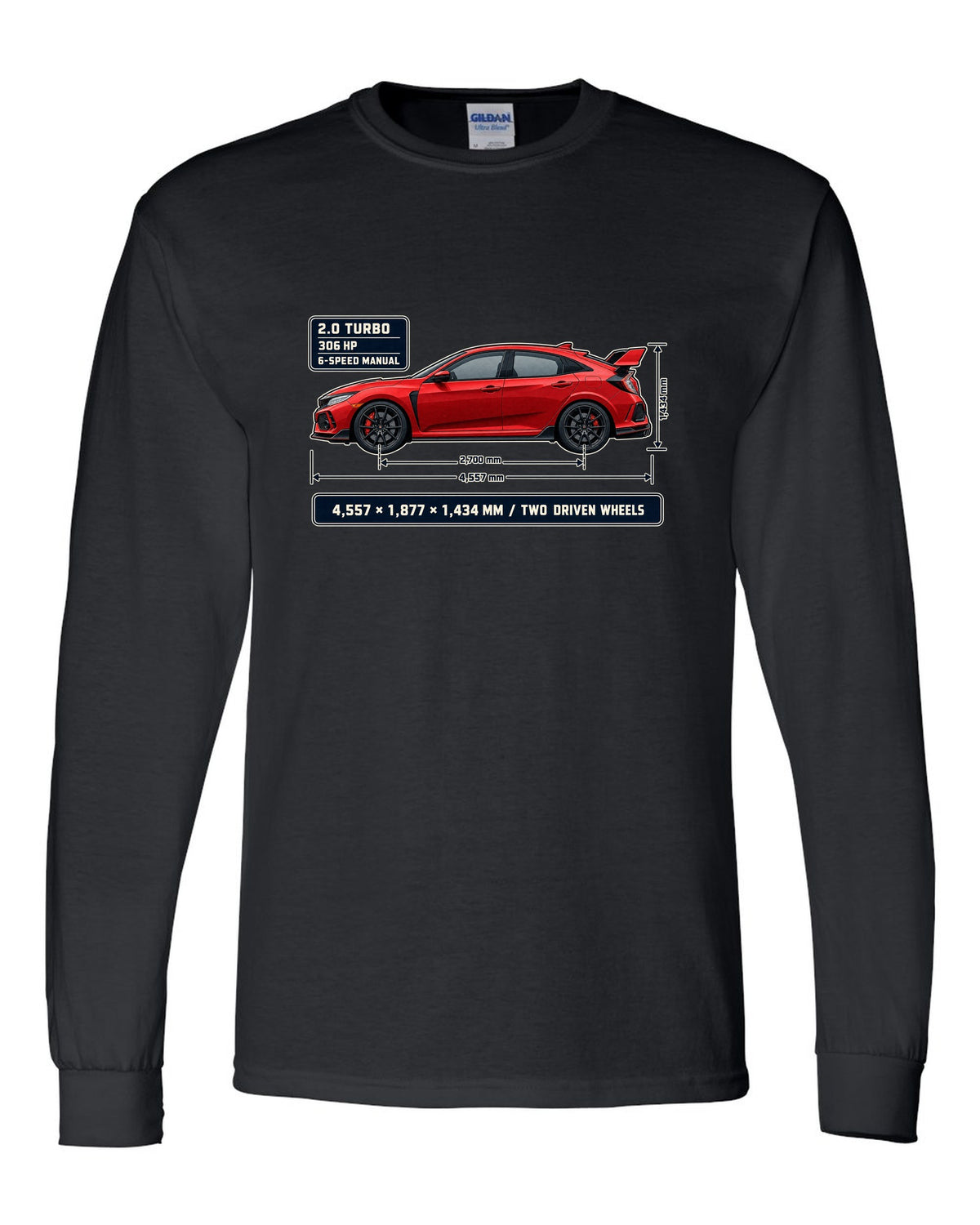 print dimension blueprint of a red Honda Civic Type R FK8 black long sleeve front view with the design