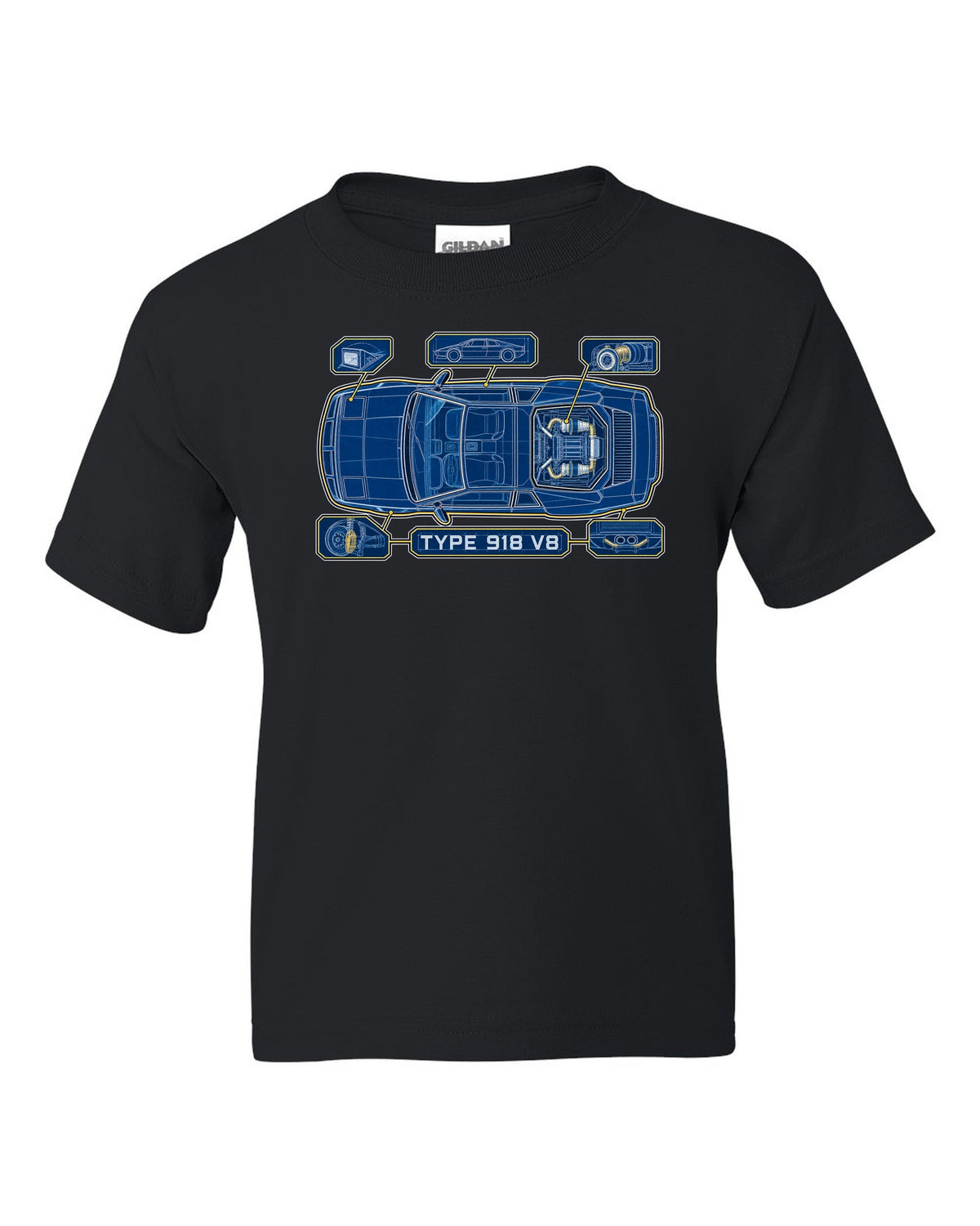 Lotus Esprit V8 cyanotype blueprint with TYPE 918 V8 lettering black kids tee front view with the design