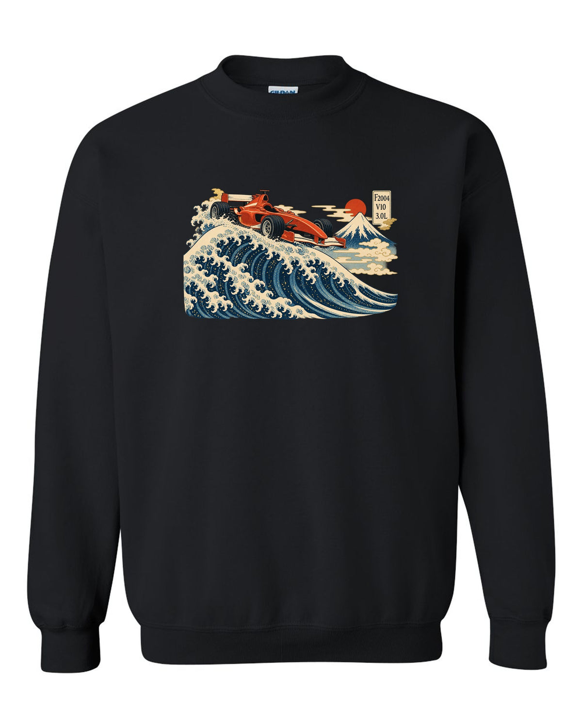 Woodblock print style Ferrari F2004 Formula 1 car in front of a wave with V10 lettering black crewneck front view with the design