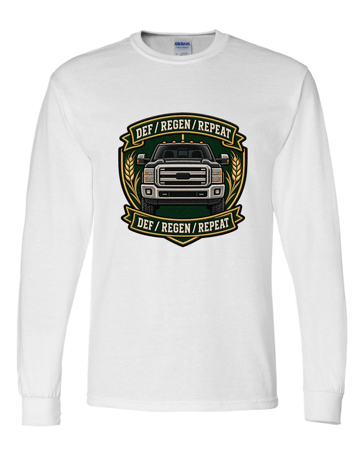 Shield crest print for the 2010-2018 Ram 2500 6.7 Cummins reading DEF regen repeat white long sleeve front view with the design
