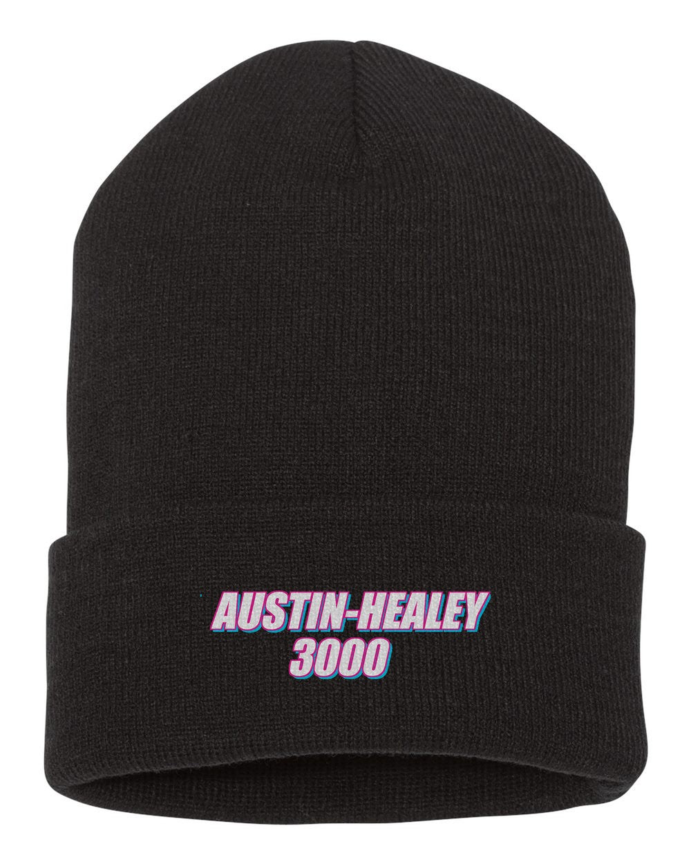 Austin-Healey 3000 black beanie front view with car name