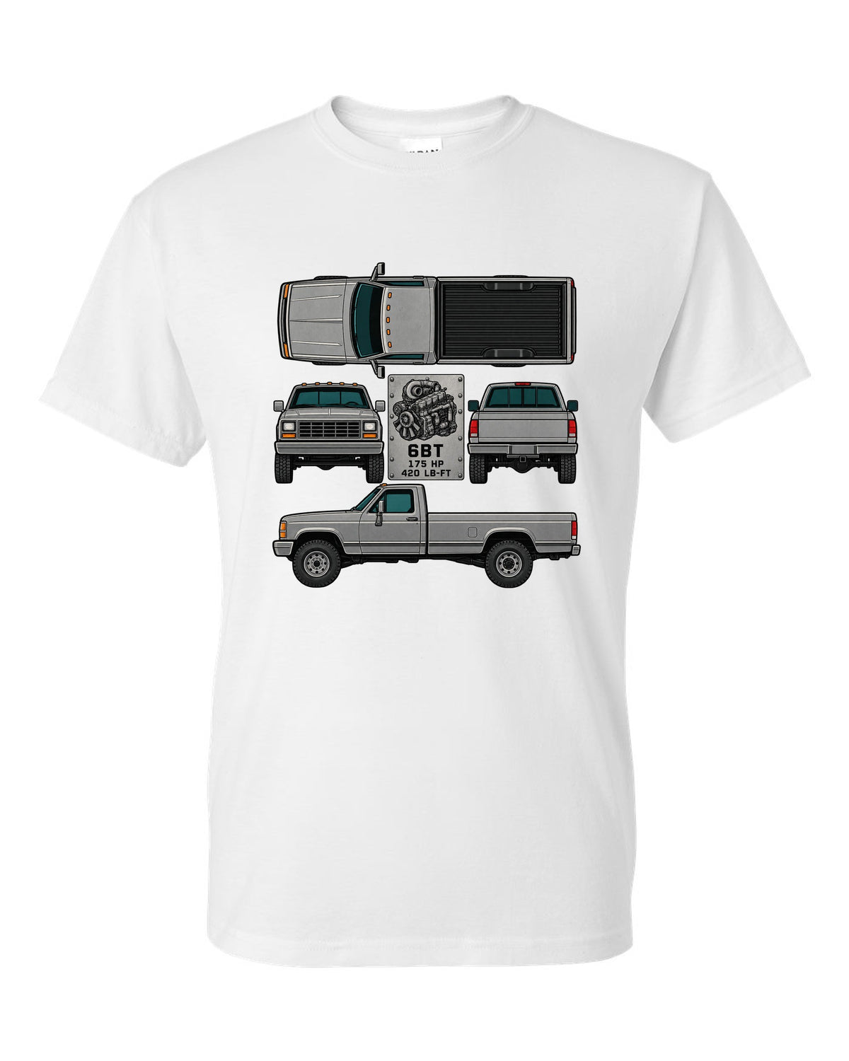 Spec-sheet data plate print of a Dodge Ram D250 6BT Cummins with horsepower and torque white t-shirt front view with the design
