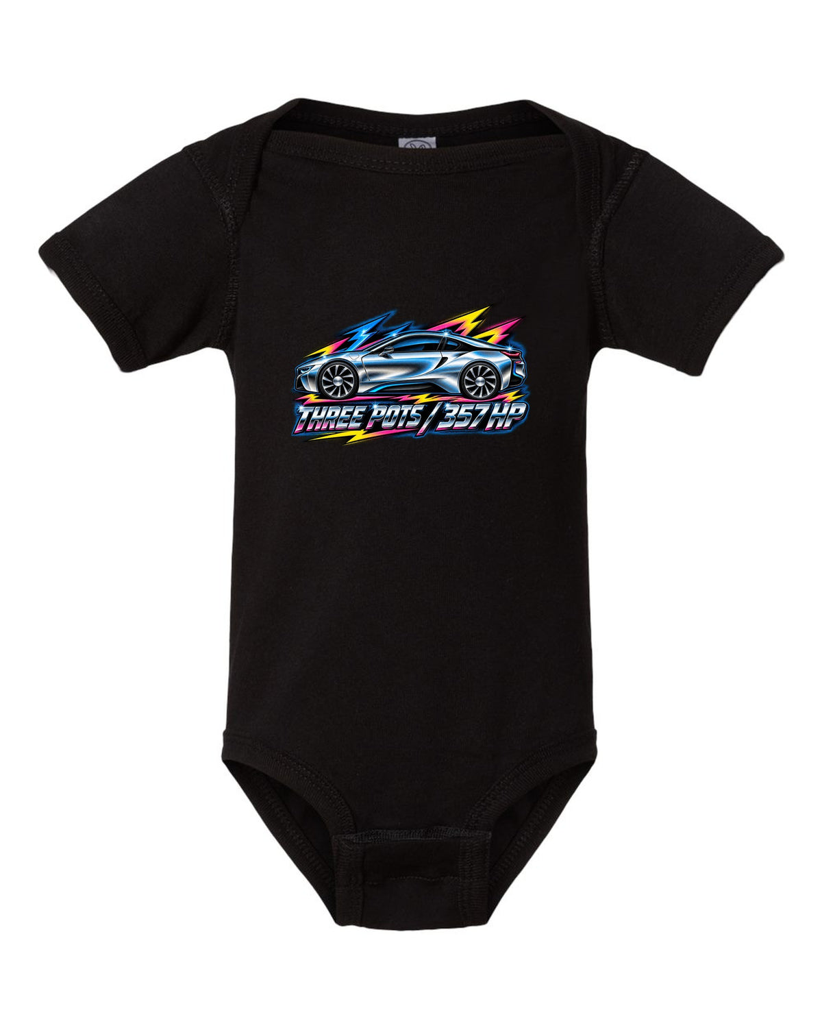 BMW i8 I12 80s airbrush chrome print with three pots 357 HP text black baby onesie front view with the design