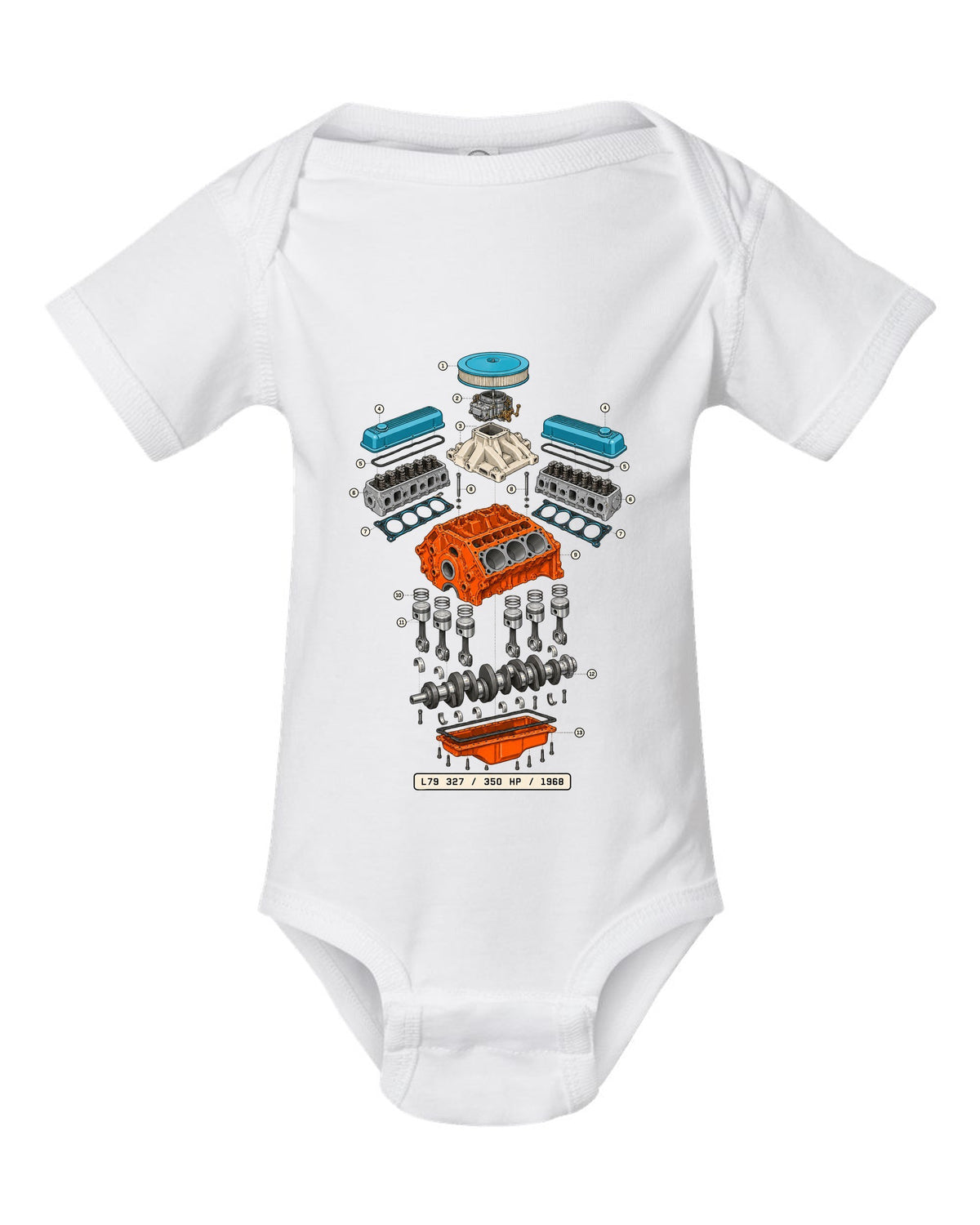 Exploded cutaway print of a 1968 Chevrolet Nova L79 327 engine with the text 350 HP, 1968 white baby onesie front view with the design