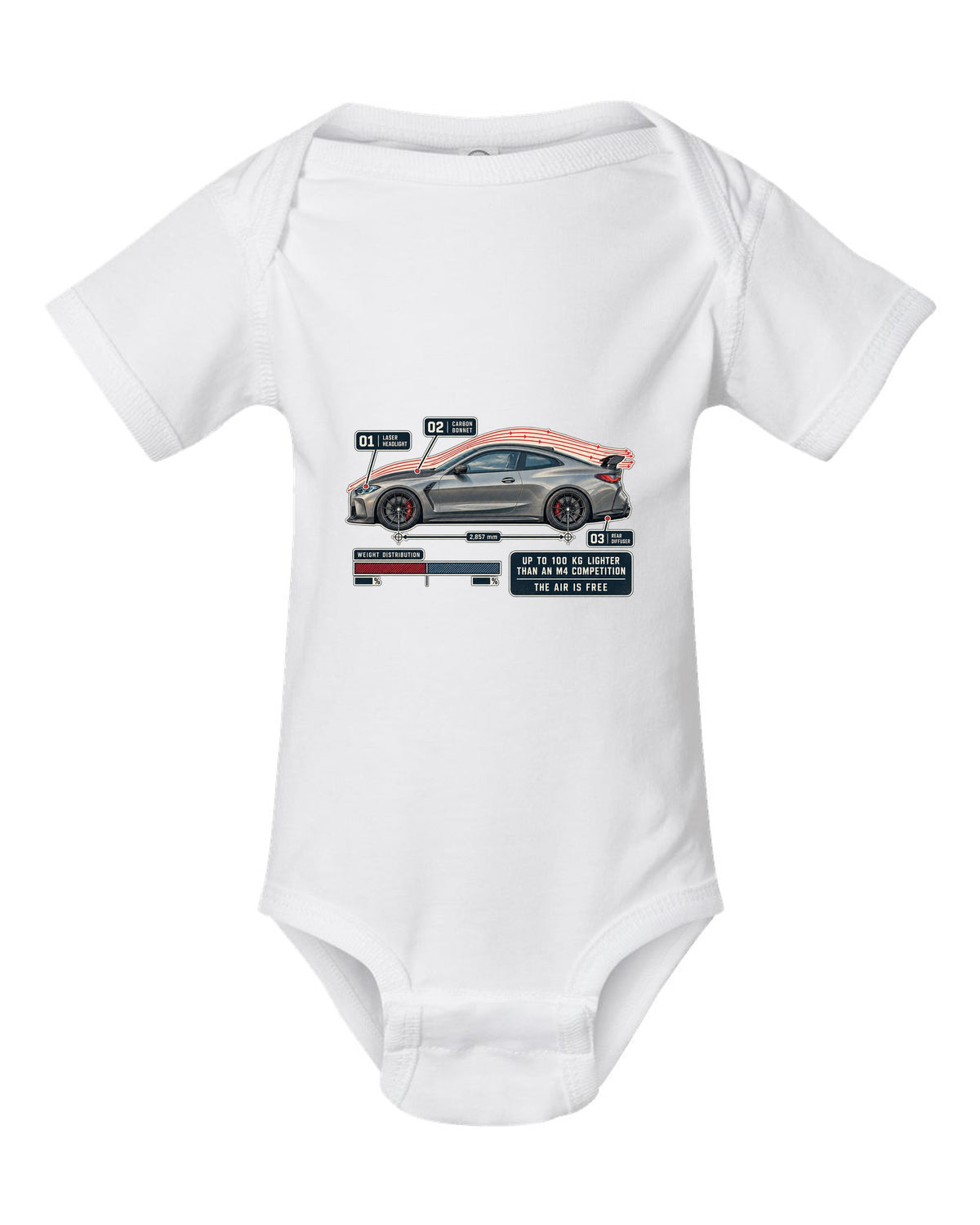 BMW M4 CSL G82 aero flow cutaway print white baby onesie front view with the design