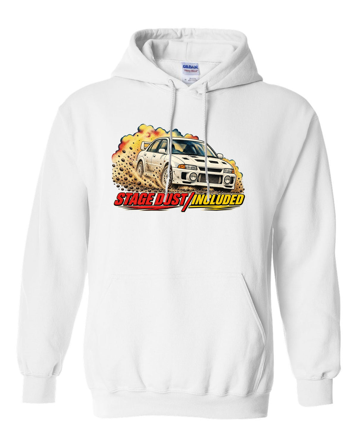 Halftone rally magazine style Mitsubishi Lancer Evolution III CE9A on gravel white pull over hoodie front view with the design