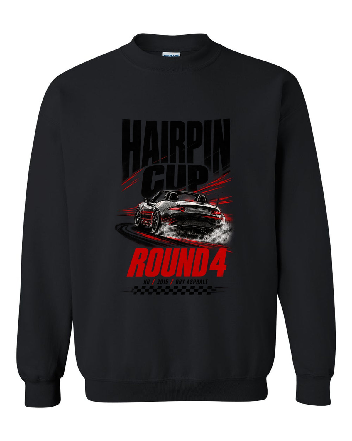 Race poster print of a Mazda MX-5 ND for the Hairpin Cup round 4 black crewneck front view with the design