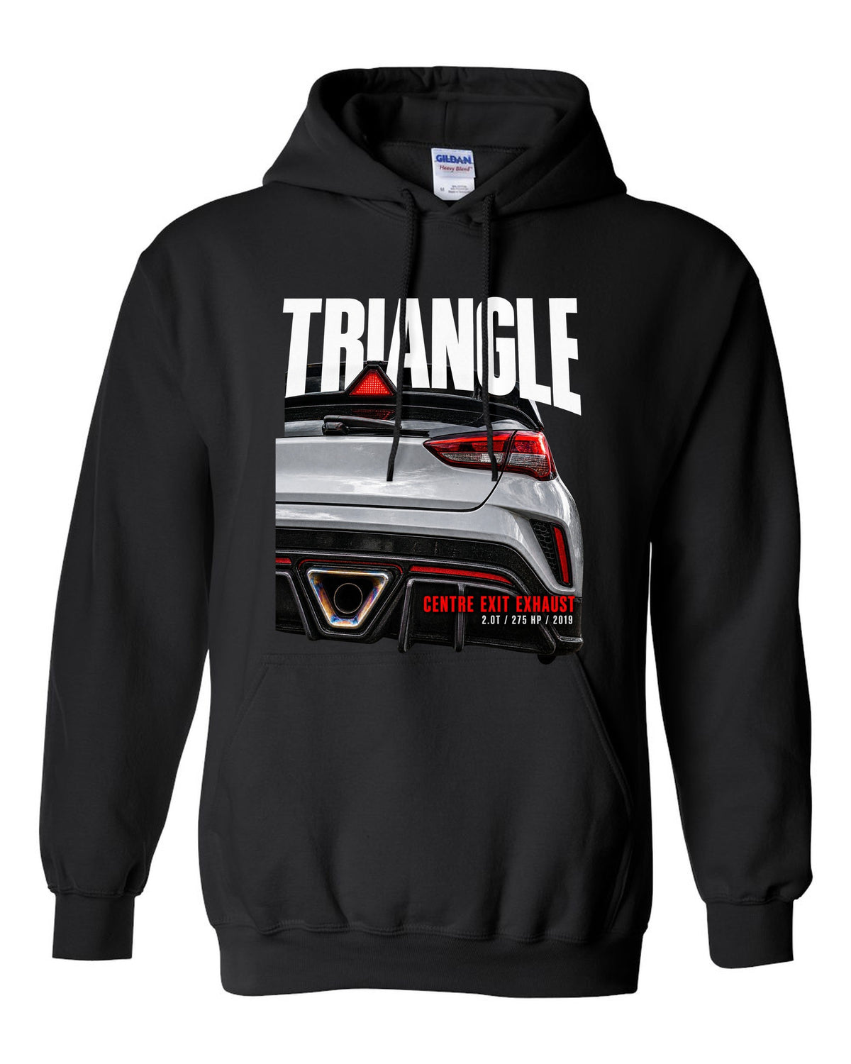 Rear macro of Hyundai Veloster N JS showing triangle and centre exit exhaust black pull over hoodie front view with the design