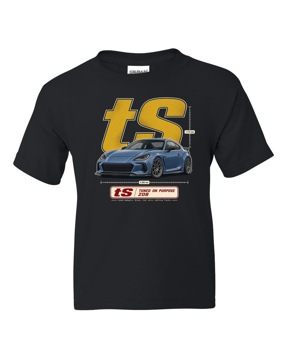 Halftone poster-style print of a Subaru BRZ tS ZD8 with tuning statement lettering black kids tee front view with the design