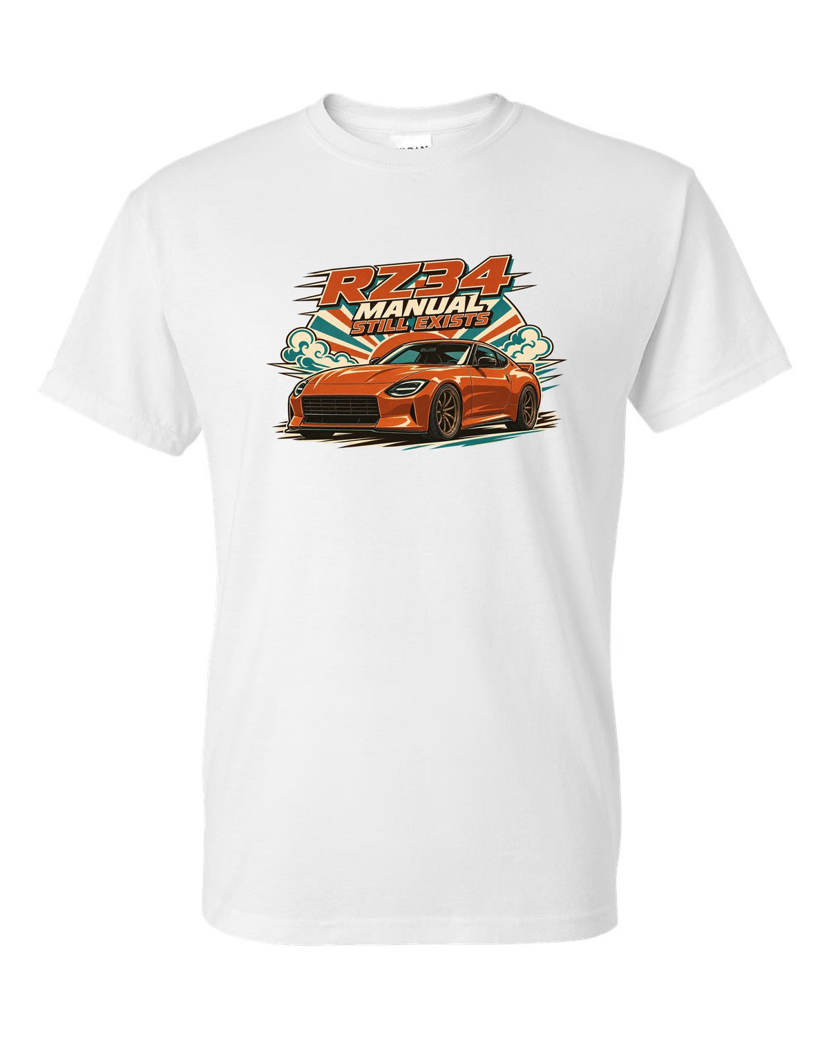 1970s Showa catalogue ad style print of the Nissan Z RZ34 white t-shirt front view with the design