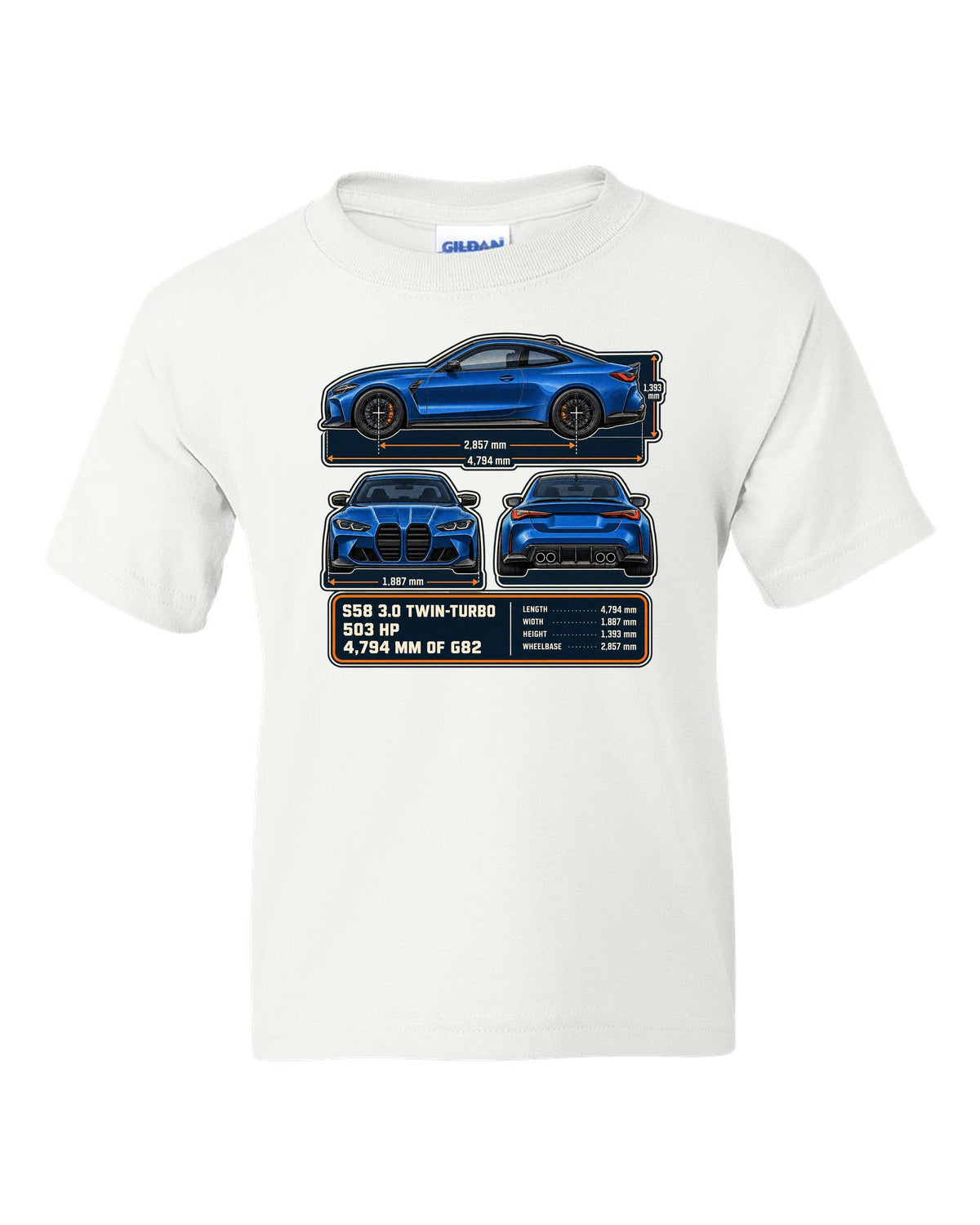 BMW M4 Competition G82 dimension blueprint print with S58 specs white kids tee front view with the design